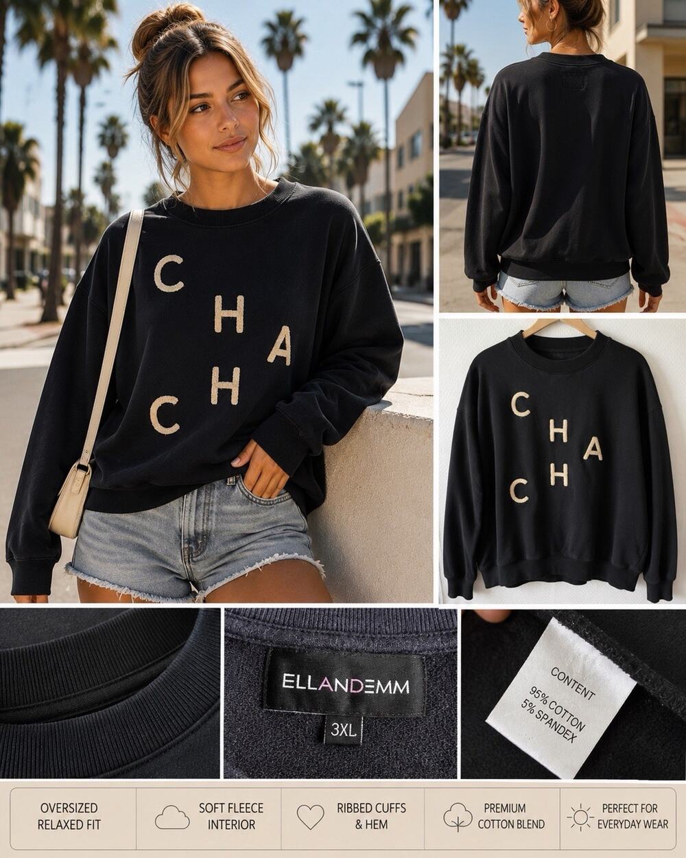 ELL AND EMM Black Graphic Cha Cha Long Sleeve Sweatshirt Sz 3x